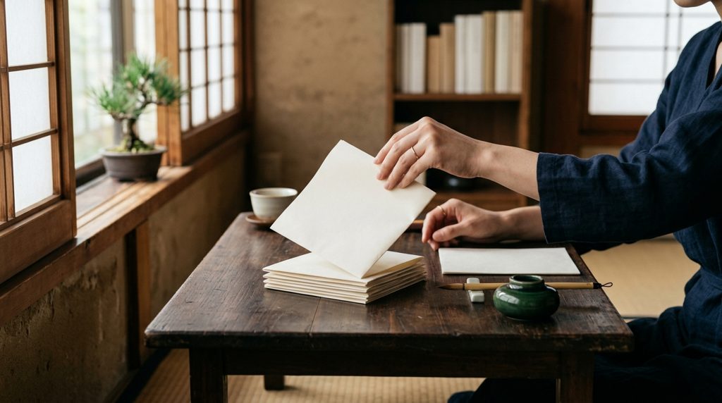 木製の机で書類を選び分ける手元
