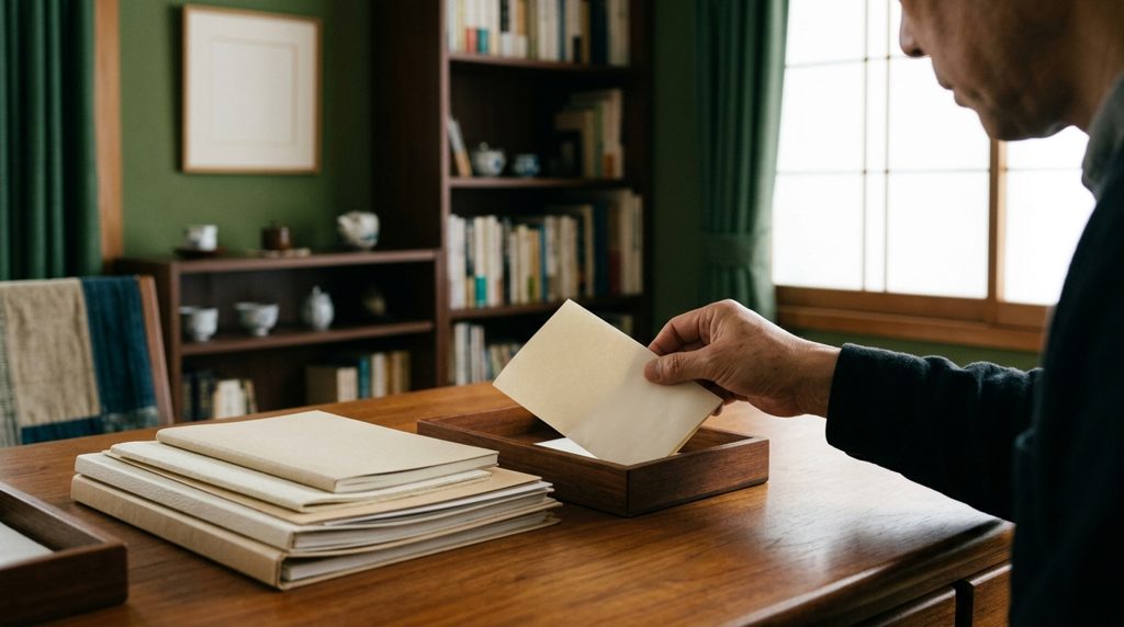 机の上で書類を別のトレイに置く手元