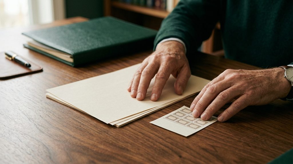 木製の机の上で書類と収入印紙を整理する手元