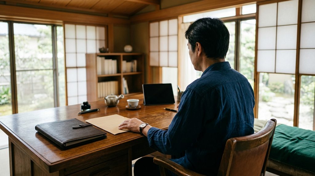 机の上に置かれた2つの書類入れを前に、座って考える人物の後ろ姿。