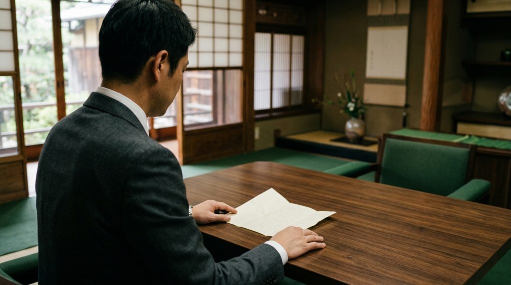 静かな和室で、机上の書類を静かに見つめる人物の背中