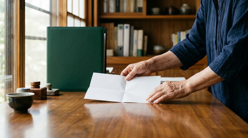 木製の机上で、異なる書類を扱う人物の手元。