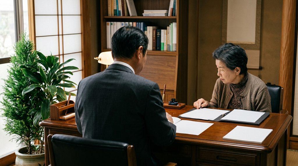 専門家と顧客が書斎の机で書類を見る様子