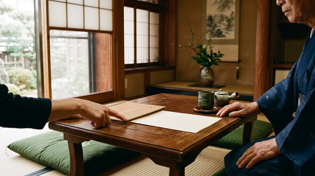 親子の手が書類の近くにある和室の様子