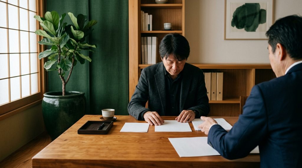 落ち着いた書斎で書類を前に相談する様子