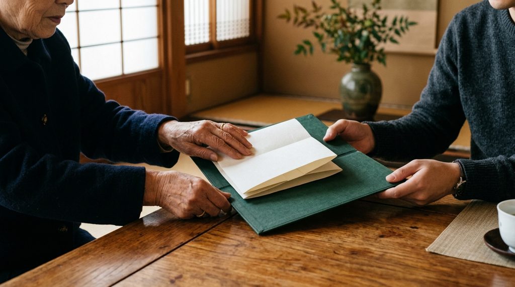 穏やかな光の中で、親世代から子世代へ書類が手渡される様子