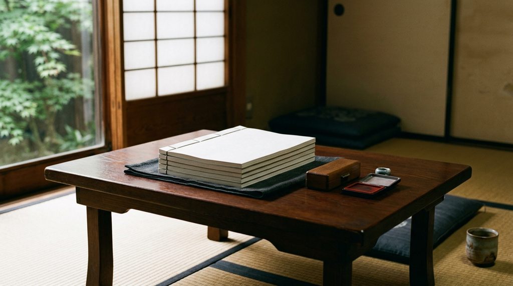 和室の低いテーブルに置かれた書類と印鑑