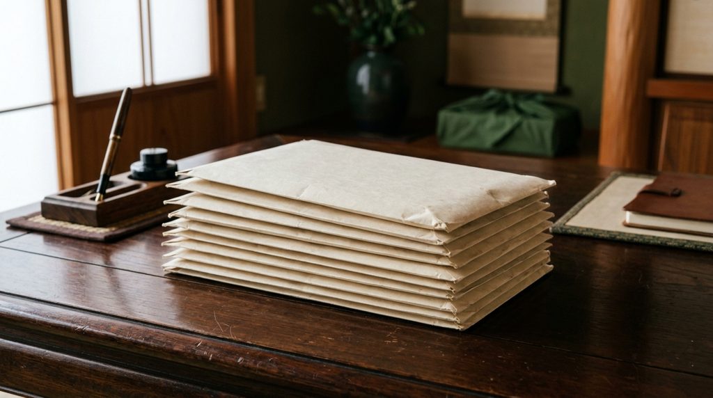 積み重なった厚手の封筒と木製の机