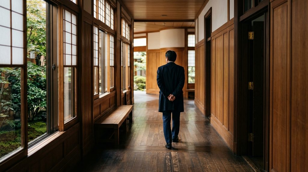 裁判所の静かな廊下を歩く、後ろ姿の人物