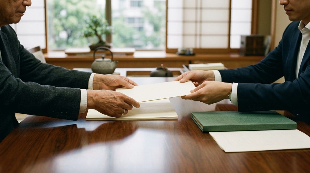 木製の机の上で書類を整える二組の手