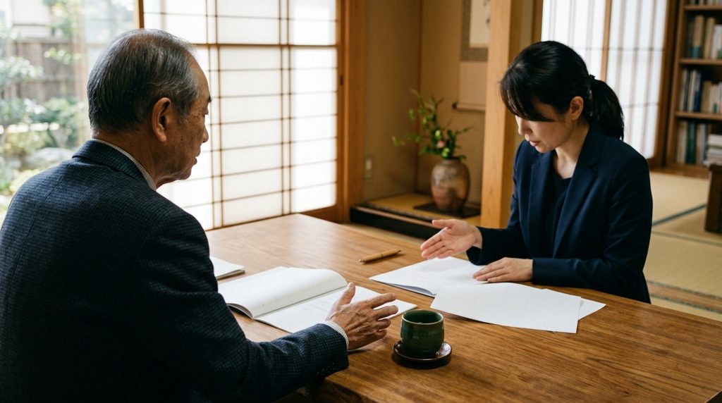 専門家と相談者が書類を検討する風景