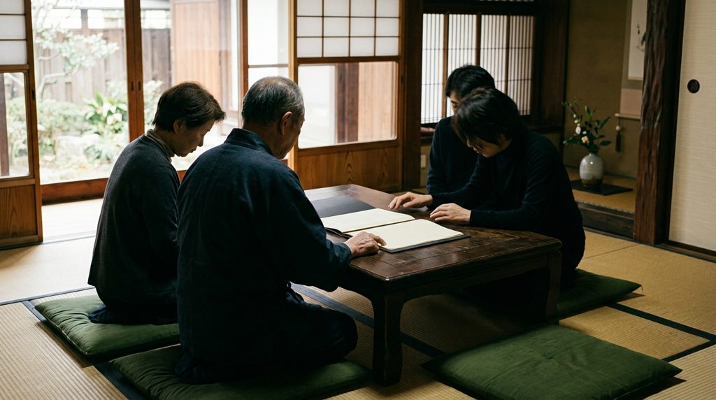 和室の低いテーブルで家族が集まり、書類を前にしている様子