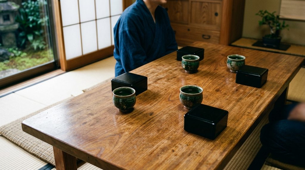 伝統的な木のテーブルに並べられた複数の器