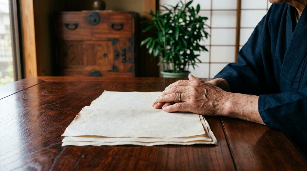 暗い木製の机に広げられた戸籍謄本と、それを指し示す老人の手元