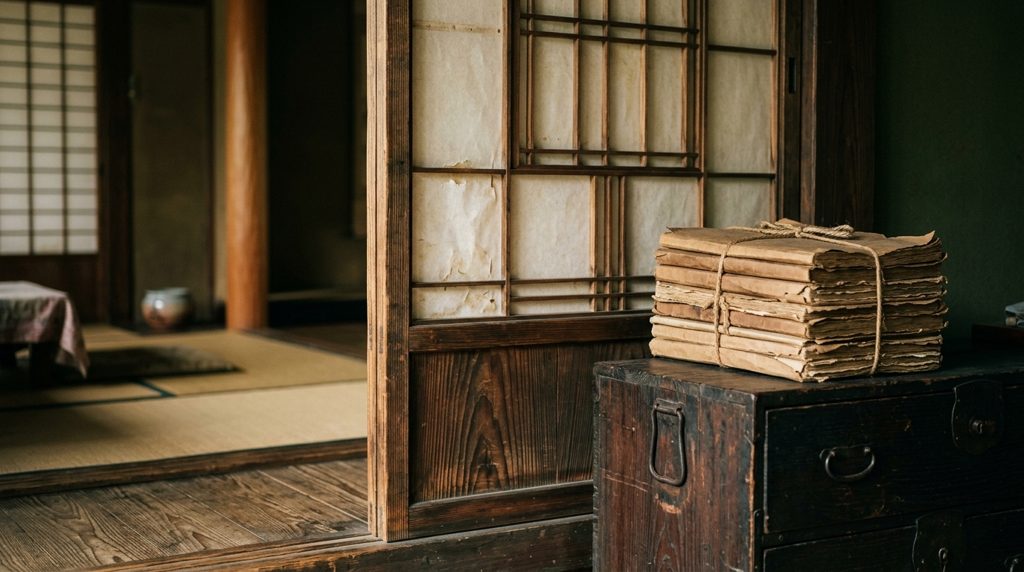 古民家の和室、開いた襖のそばに置かれた古文書。