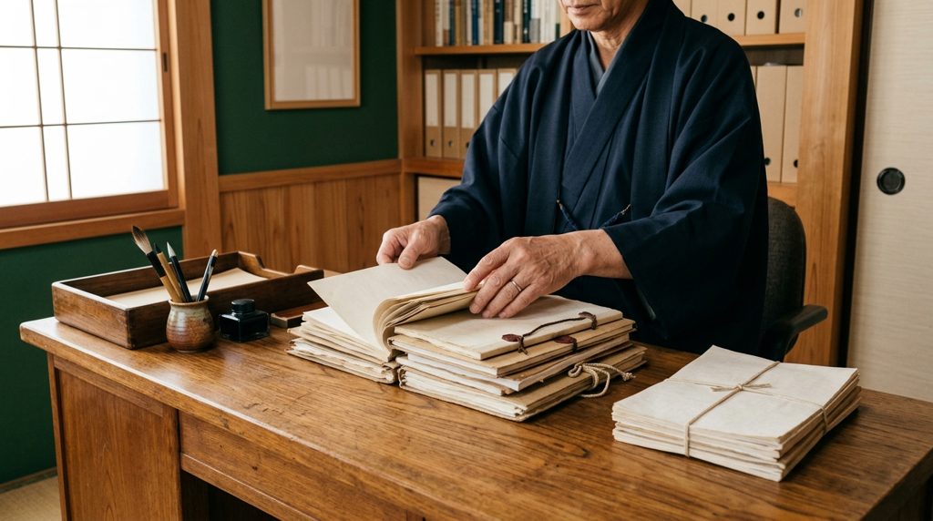 書類を整理する手元と複数の書類の束
