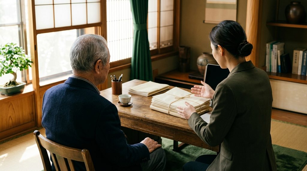 相続の相談中に書類を見せる専門家