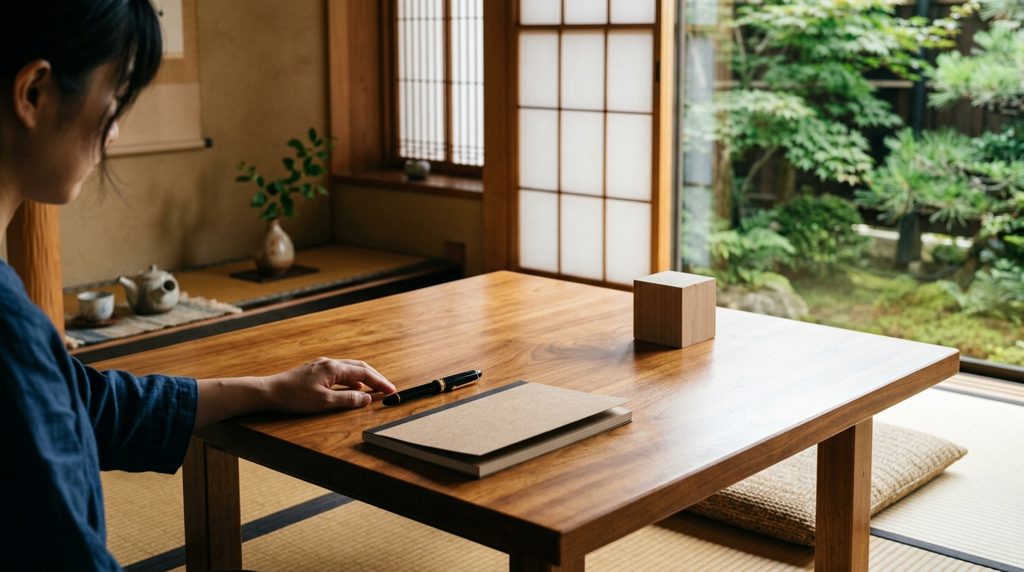 静かな和室の座卓、ペンと木のおもちゃ