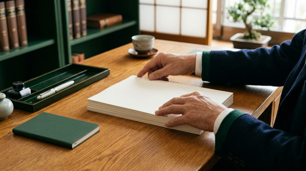 木目の机で公式書類を丁寧に重ねる手元