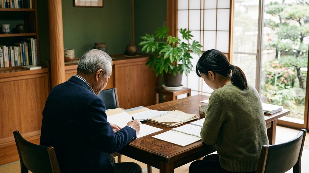 和室の机で書類を確認する二人