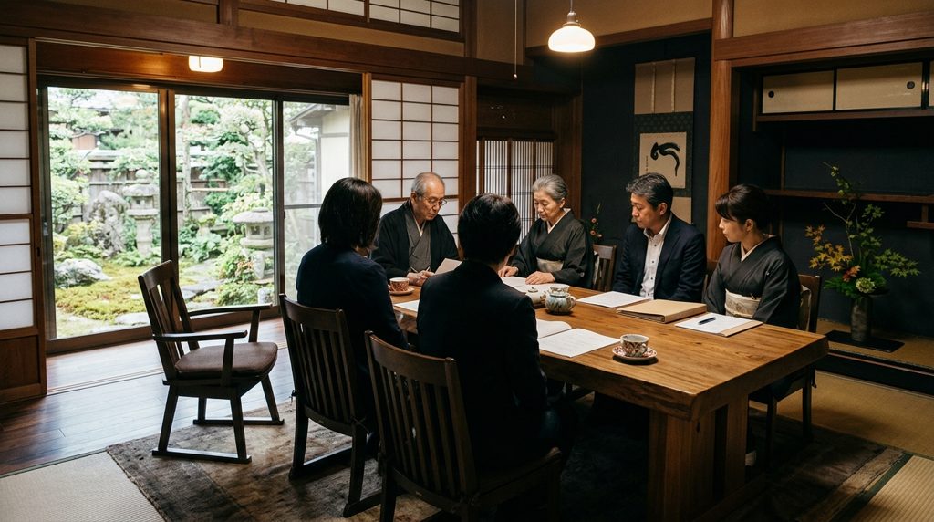 遺産分割協議のテーブルにある空の椅子と書類
