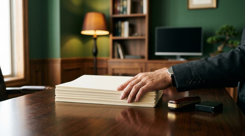 法律事務所の机で書類に手を置く専門家の手元
