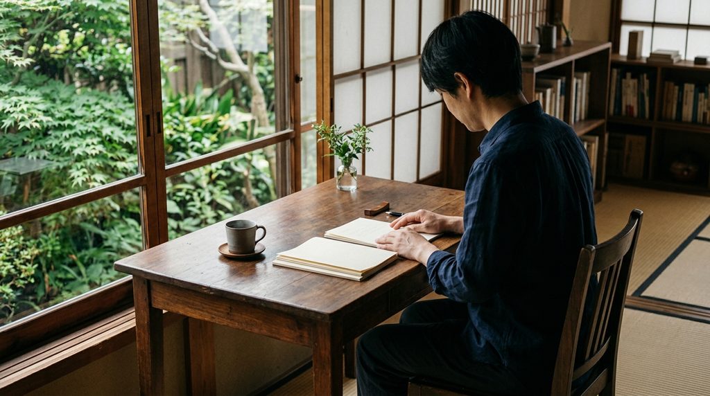 書類を前に、木製の机で思案する人物の手元