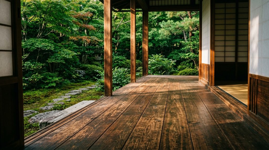 縁側から見た庭。木材と草木の落ち着いた色合い。