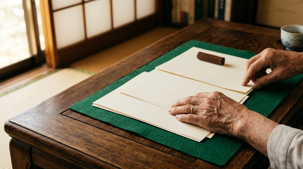 日本の木製机の上で書類を整える手元