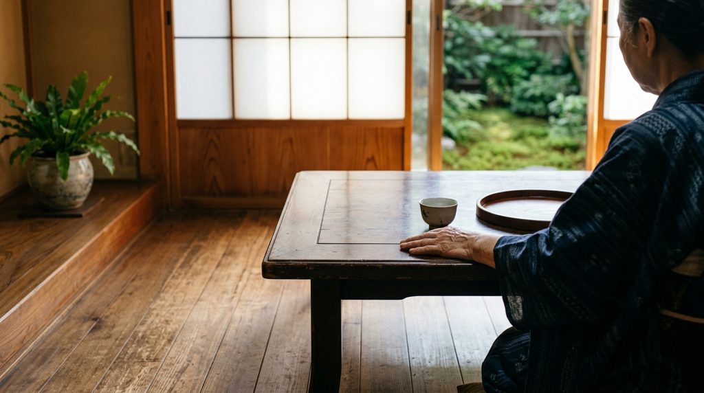 高齢の手が日本家屋の木製テーブルに置かれている。