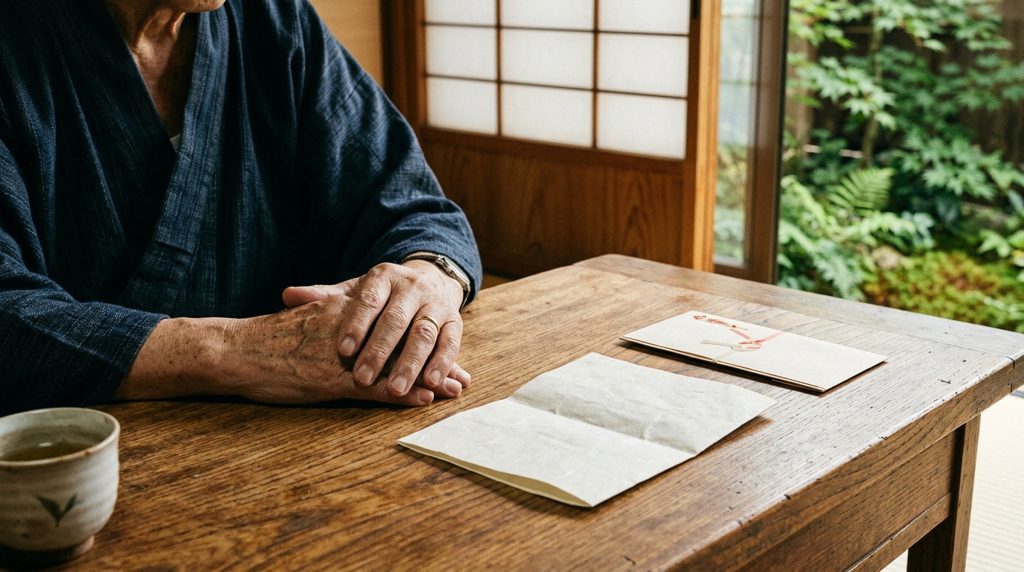 和室の木製机で書類と封筒に手を添える年配者