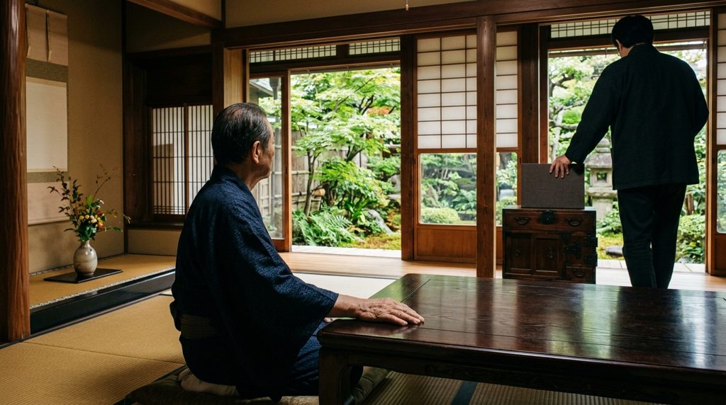 日本家屋の居間で、手元と後ろ姿の人物が映る
